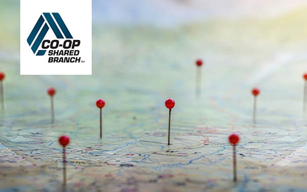 a map with pins in it with the Co-Op Shared branch logo in the top left corner